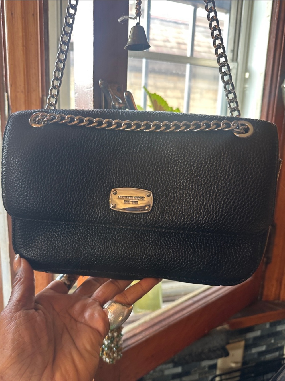 Michael Kors Black Pebbled Leather Chain Crossbody Bag chain strap